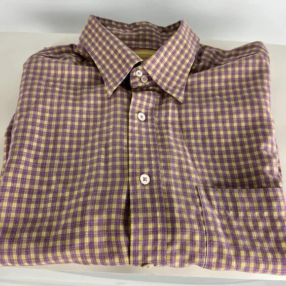 Bugatchi Uomo Long sleeve Purple Yellow Checked Button Up Bright Stripes Large - Picture 5 of 10